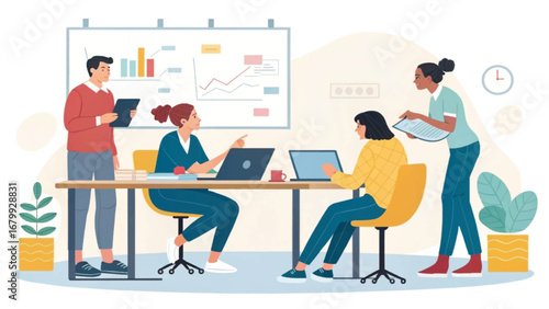 Diverse team of professionals collaborating in a modern office, analyzing data and strategizing for business success. Ideal for concepts of teamwork and project management.