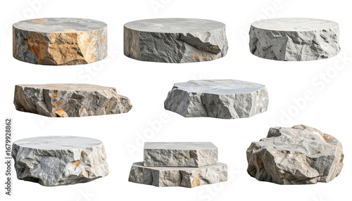 Stone podiums collection of eight rugged, unpolished displays on black