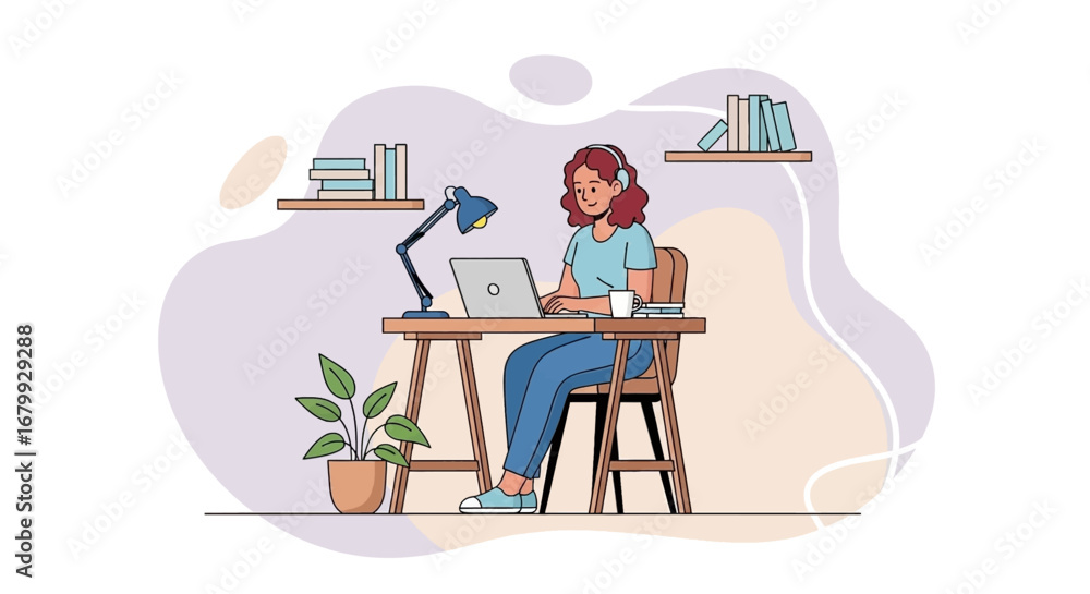 Fototapeta premium Happy woman focused on remote work or online learning at her home office, embodying productivity and modern lifestyle.
