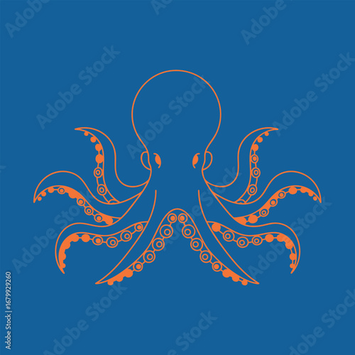 Abstract illustration of an octopus with intricate tentacles against a solid blue background, suitable for marine-themed designs