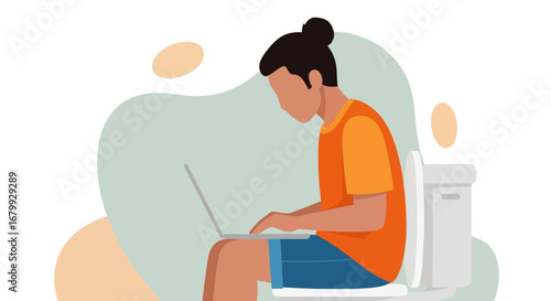 Modern person multi-tasking on a laptop while sitting on the toilet. Represents remote work, bad habits, and always-on connectivity.