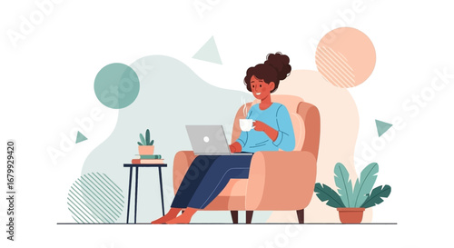 A happy woman works remotely or studies from home, comfortably seated in an armchair with a laptop and coffee. Perfect for themes of productivity, online education, and modern lifestyle.