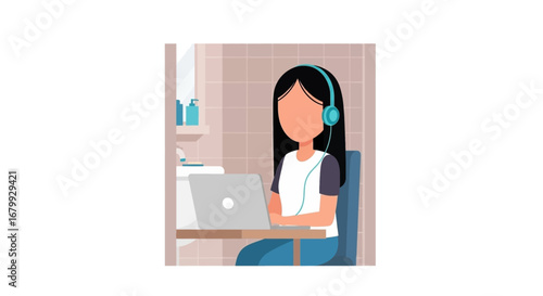 Young woman focused on remote work or study using a laptop and headphones in an unconventional home setting, symbolizing modern flexible work-life.