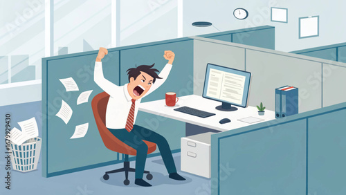 Frustrated businessman in an office cubicle, yelling and throwing papers. Illustrates intense workplace stress, burnout, and overwhelming tasks. Ideal for business and mental health campaigns.