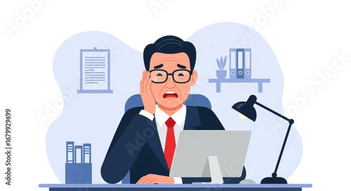 Stressed businessman at his office desk, overwhelmed by work pressure. Concept of burnout, anxiety, and too much workload in a corporate environment.