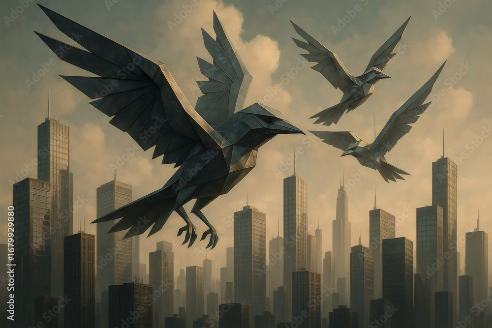 Obraz premium Surreal Skyline of Metallic Birds