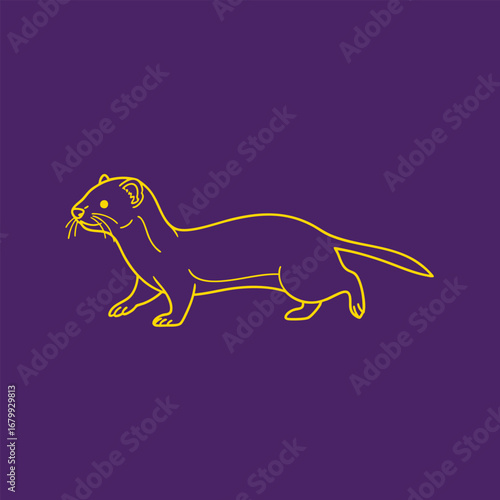 Stylized illustration of a ferret gracefully moving across a purple background, showcasing its sleek body and inquisitive expression