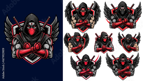 Winged Ninja Assassin Mascot Logo Set – Esports Vector, Hooded Fighter, Katana Warrior Badge