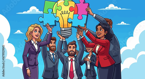 Diverse business team collaboratively assembling a puzzle-piece lightbulb, symbolizing teamwork, innovation, and successful idea generation in a professional setting.