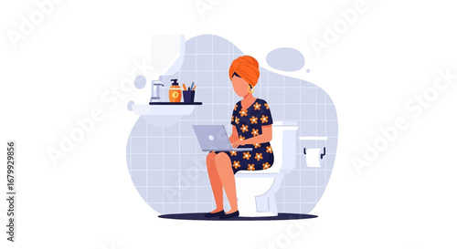 Busy woman working remotely on laptop while on the toilet. Illustrates work-life balance challenges and modern work habits.