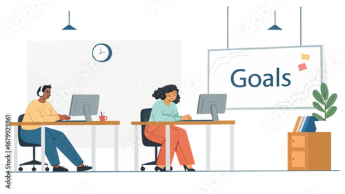 Focused business professionals work diligently at their desks in a modern office, aiming to achieve shared goals and enhance productivity. Ideal for corporate success.