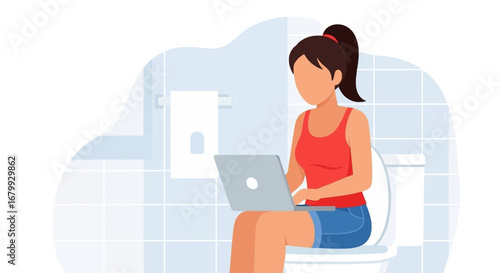 Young woman casually works on her laptop while sitting on the toilet in a bathroom, illustrating modern remote work flexibility and multitasking.