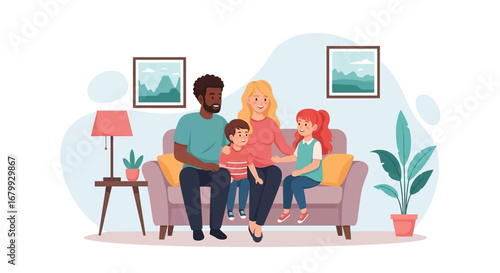A diverse family happily sitting together on a sofa in their living room, representing comfort, love, and togetherness. Ideal for lifestyle and parenting themes.