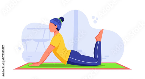 Person practicing yoga on a mat, demonstrating a flexible pose. Ideal for health, wellness, fitness, and active lifestyle concepts.