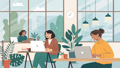 Three cheerful women are engaged in work on their laptops in a bright, modern office space filled with indoor plants, promoting productivity and collaboration.