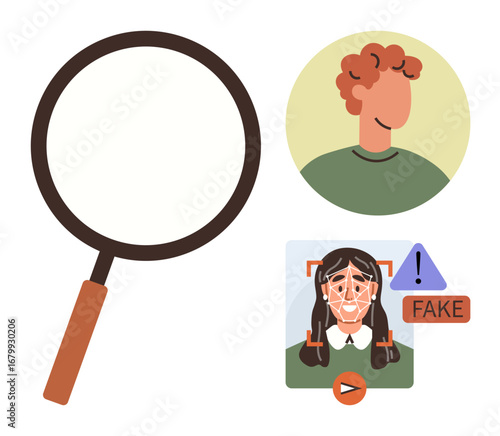 Magnifying glass, profile avatar of a person, and AI-detected deepfake alert with a face scan and warning text. Ideal for identity verification, AI ethics, fraud prevention, cybersecurity
