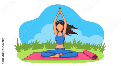 A woman meditating in a yoga pose outdoors on a mat, emphasizing peace, wellness, and a healthy lifestyle.