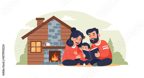 Happy family enjoying a cozy evening reading stories together by the fireplace in a rustic cabin. Depicts warmth, bonding, and family lifestyle.
