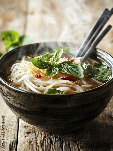 Steaming Asian Noodle Soup Bowl with Fresh Herbs and Chopsticks - Aromatic and Healthy Comfort Food Dining Experience