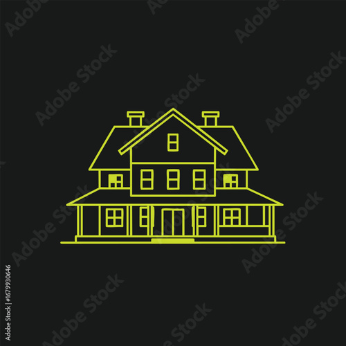 A minimalist outline illustration of a two-story house with a porch, set against a black background, ideal for architectural design