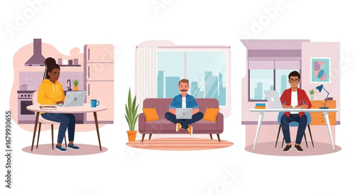 Diverse people work remotely from home offices, kitchens, and living rooms, highlighting modern flexible work lifestyles, productivity, and digital connectivity.