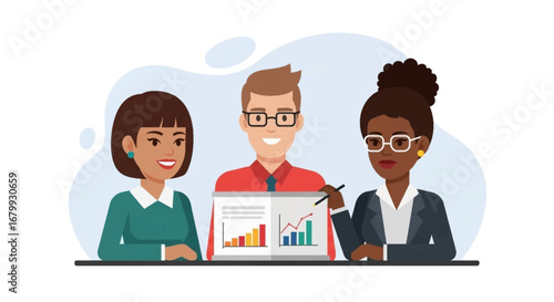Diverse business team collaborating, analyzing charts and graphs, and planning strategies. Represents successful teamwork, financial growth, and professional discussion.