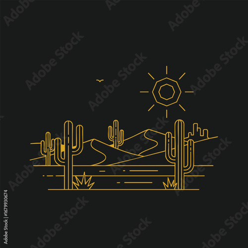 A minimalist desert landscape featuring cacti under a bright sun with distant hills and a bird flying in the sky
