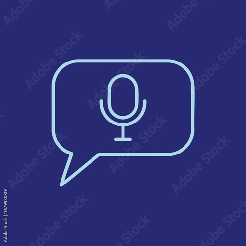Minimalist microphone icon within a speech bubble on a deep blue background, symbolizing communication and audio recording