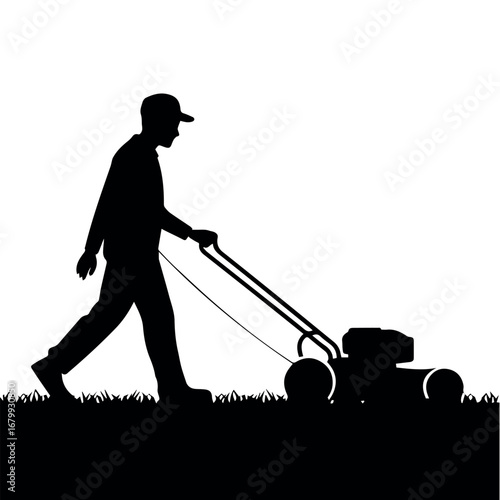 Lawn mowing service silhouette man with lawnmower cutting grass garden maintenance landscaping yard work gardener tool