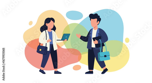 Two professionals with laptops and bags engaging in discussion against a colorful, abstract background, representing teamwork and modern business.