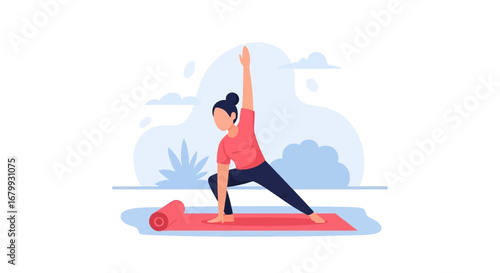 Vector illustration of a woman performing a yoga pose outdoors, emphasizing fitness, health, and a balanced lifestyle. Ideal for wellness and exercise themes.
