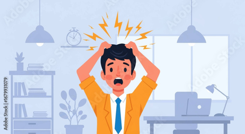 Stressed man gripping his head with electric jolts, representing overwhelming pressure, burnout, and anxiety in a demanding work setting or office.