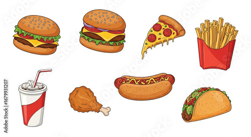 Wallpaper Mural Fast food items including burgers, pizza, fries, and more are displayed in a cartoon style on a isolated background. Torontodigital.ca