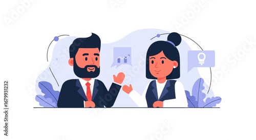Business man and woman collaborating, discussing ideas, and analyzing growth data. Ideal for concepts of teamwork, innovation, and corporate strategy.