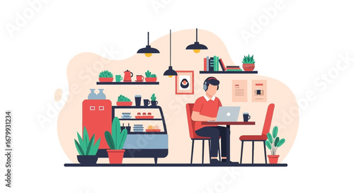 Man with headphones works on laptop in a stylish cafe, ideal for remote work, study, or modern lifestyle themes.