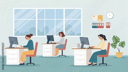 Three diverse businesswomen working efficiently at their desks in a modern office, symbolizing productivity, teamwork, and a dynamic corporate environment.