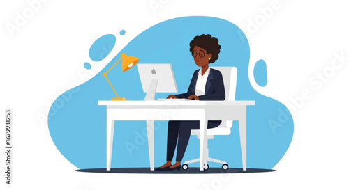 Focused African American businesswoman working diligently on her computer at a modern office desk. Represents productivity, remote work, and professional success.