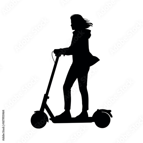 Silhouette of a woman riding electric scooter personal transportation urban mobility eco friendly vehicle black style 100