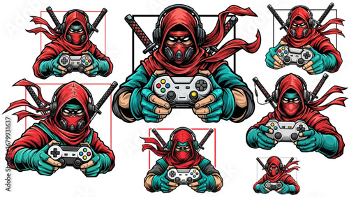 Red Hood Gamer Logo Set – Esports Mascot with Teal Eyes, Headphones, Controller, and Shield Crest

