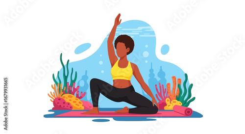 Young Black woman practicing yoga on a mat, demonstrating flexibility and balance. Ideal for concepts of wellness, fitness, mindful living, and healthy lifestyle.