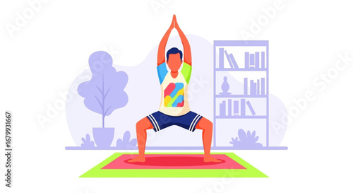 Man practicing yoga in a bright home setting, performing a squat-like pose on a mat. Represents wellness, exercise, and a healthy lifestyle.