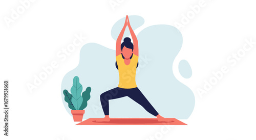 Woman practicing yoga in a Warrior I pose on a mat, emphasizing a healthy and mindful lifestyle, fitness, and self-care.