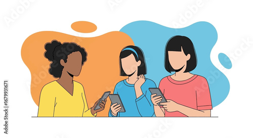 Three diverse women engaging with smartphones, highlighting social media, digital connection, and modern communication.