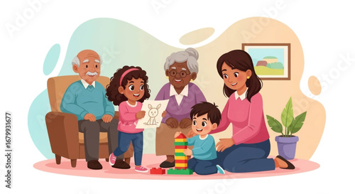 Happy multi-generational family enjoying quality time at home. Grandparents, mother, and children bond through play and art, fostering love and connection.