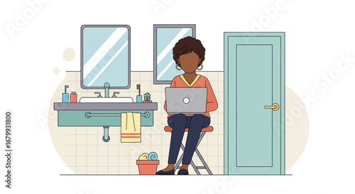 Woman works remotely on a laptop in a bathroom, highlighting modern flexible work arrangements and the work-from-home lifestyle.