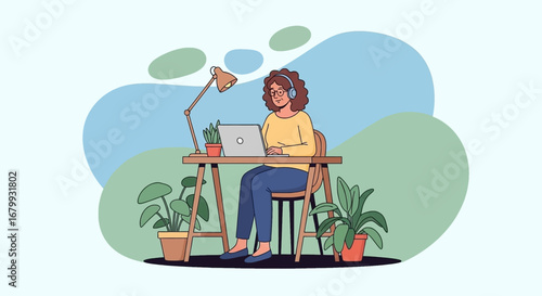 Focused woman working remotely on a laptop with headphones at a desk, ideal for concepts like online learning, productivity, and modern flexible work.