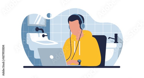 Focused person in headphones working on a laptop from an unconventional bathroom workspace, illustrating remote work flexibility, privacy, and modern digital lifestyle.