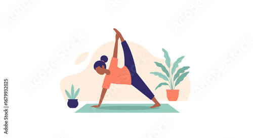 Illustrative image of a woman performing a challenging yoga pose on a mat at home, promoting health, balance, and a mindful lifestyle. Ideal for wellness and fitness concepts.