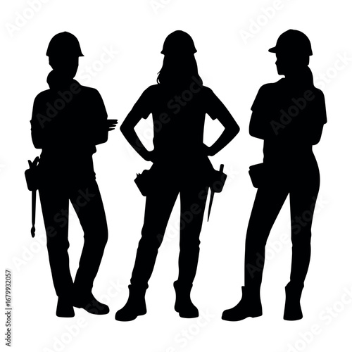 Silhouette of women construction worker contractor engineer builder wearing hardhat and toolbelt construction site job 100