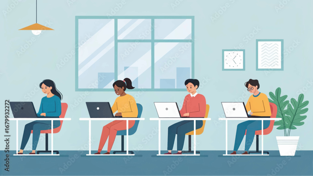 Obraz premium Diverse team of professionals focused on laptops in a modern office. Illustrates productivity, collaboration, and digital work environment for business and education.